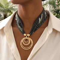 Bohemian Ribbon Choker Necklace Gold Geometric Circle Pendant Green Leaf Print Adjustable Vacation Jewelry for Women