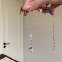 New in round beads white crystal pendant fresh inlay square diamonds tassel Y-shaped necklace high-end collar chain jewelry gift
