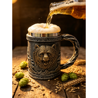 Viking Bear Head Beer Mug, 450ml Stainless Steel Liner Norse Tankard, Resin 3D Embossed Stein with Tree Branch Handle, Wildernes