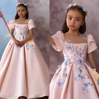 JDY Floral Flower Girl Dresses Appliqued Baby Girl's Birthday Party Gowns Customized Soft Satin Kids First Communion Dresses