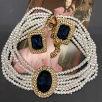 Retro Style Multi-strand Glass Pearl Diamond-Embedded Necklace Earring Set Clavicle Chain Versatile Women's Fashion Jewelry