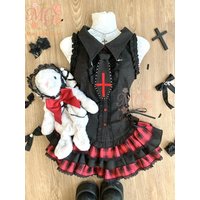 Japanese Dark Gothic Jirai Kei 2 Piece Set Women Slim Sleeveless Top + Plaid Cake Skirt New Y2k Vintage Fashion Sweet JK Outfit