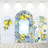 LS Mediterranean Lemon Blue Rose Arch Cover Backdrop Italian Tile Photobooth Background Wedding Bridal Shower Studio Prop