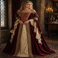 Renaissance Medieval Tudor Queen Evening Burgundy Velvet Viking Dress Vintage Duchess Royal Court Noble Fairy Ball Gown