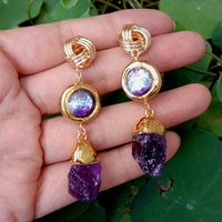 YYGEM 13x23mm Natural Amethyst Rough 15mm Purple Murano Glass Dangle Drop Earrings Jewelry Femme