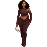 Women's One-Shoulder Diagonal Collar Long Sleeve Bowknot Bandage Crop Tops & Pleated Hips Wrapped Long Skirt, Solid Color