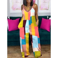 Jumpsuits for Women 2025 Spring Fashion Geometric Print Spaghetti Strap Casual V-Neck Sleeveless Pocket Design Long Jumpsuit