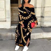 Sexy One-Shoulder Chain Print Slit Contrast Color Off-Shoulder Print Hand Strap Dress