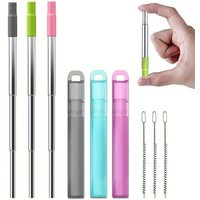 Reusable Straws, Collapsible Portable Stainless Steel Straws with Case, Silicone Tip and Cleaning Brush, for Travel Camping