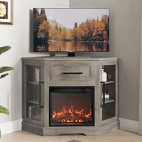 Modern Corner Wood Entertainment Center with Glass Do 43" Corner TV Stand with 18" Electric Fireplace Heater for TVs up to 43"