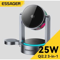 Ładowarka bezprzewodowa magnetyczna Essager Qi2.2 25W 3 w 1, szybka stacja ładująca do iPhone 17, 16 Pro Max, Samsung S25, zegarka, słuchawek dousznych AirPods