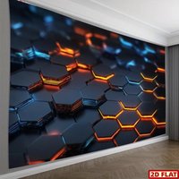 Futuristic Hexagon Tech Panel Glowing Orange Blue Circuit Board Pattern Tapestry Wall Hanging for Gaming Room Cyberpunk Decor