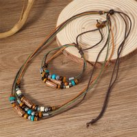 Ethnic 2pcs/Set Multi-layer Vintage Wood Beads Pendant Leather Beaded Weaved Prayer Necklace& Bracelet Fashion Jewelry Gifts