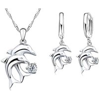 925 Sterling Silver Color Bridal Jewelry Sets Dolphin Design Crystal Necklaces Hoop Earrings Women Girls Engagement Anniversary