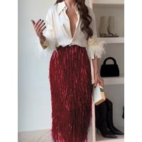 Feather Long Sleeved Shirt Women's 2 Piece Set Sequin Tassel Slim Fit Half Skirt Suit Spring Elegant Temperament Banquet Outfits