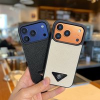 Leather lychee pattern phone case for iphone 17 16 15 14 plus 13 12 11 pro max cover Luxury funda Metal triangle cases carcasa