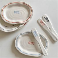 Retro Line Ceramic Oval Plate Simple Irregular Breakfast Dessert Plate with Butter Knife Cake Fruit Multifunctional Tray