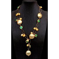 Y·YING Cultured Golden Color Rice Pearl Green Murano Glass Gold Plated Brushed Coin Shape Necklace Y-drop Necklace Jewelry Femme
