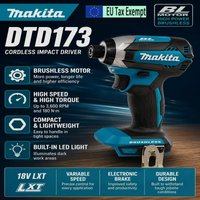 Makita DTD173 Akku-Schlagschrauber 18V Bürstenloser Elektroschrauber 180N.m Hohes Drehmoment 3600 U/min Elektrowerkzeug Kompatibel mit Makita BL1860B BL1850B BL1840B BL1830B BL1815N LXT 18V Akkus mit