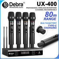 Debra UX-400 UHF 4-channel wireless handheld microphone, rechargeable microphone, 80M Transmission Distance, For Stage, Karaoke
