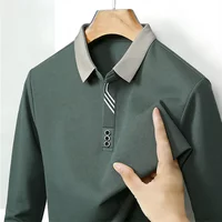 Casual Business Men's Polo Shirts Long Sleeve Contrast Collar Striped Detail Daily Office Wear
