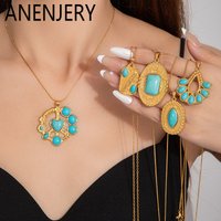 ANENJERY 316L Stainless Steel Turquoise Irregular Geometry Pendant Necklace For Women Boho Retro Personality Jewelry Gifts