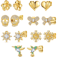 925 Sterling Silver Earrings Women Sparkling Golden Flowers Sun Skull Bow Stud Earring For Anniversary Wedding Jewelry Gifts