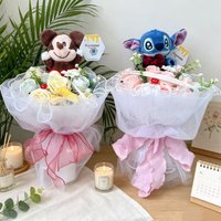 Genuine Stitch Micky Mouse Winnie Plush Dolls With Artificial Creative Flowers Bouquet Valentine Christmas Graduation Gifts