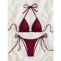 Summer wine red bow tie front tie bikini swimsuit set