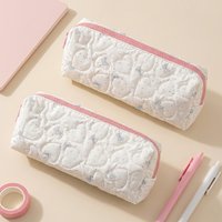 Cute Heart-Shaped Quilted Bow Pencil Case Polka-Dot Girls School Stationery Organizer Pencil Bag Makeup Brush Travel Organizer