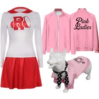 Pink Ladies Jacket Coat Grease Fantasy Rydell High Cheerleader Cosplay Dress Costume Necktie Halloween Carnival Party Outfits