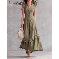 Y2K Women's Elegant Cotton Linen Loose Party Dress Fashion Draped Ruffled Button Long Dress Sexy V-neck Sleeveless Solid Dress