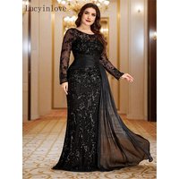Lucyinlove Plus Size Elegant Long Sleeves Sequins Patchwork Ribbon Pleats Formal Evening Dresses Luxury Mermaid Party Gown Prom