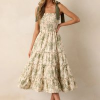 Women's Summer Floral Print Dresses Stylish Ruffled Trim Smocked Sleeveless Tie-Shoulder A-Line Dress