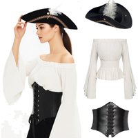 3pcs Women Renaissance Blouse Tops Corset Waist Medieval Shoulder Long Sleeve Shirt Wide Brim Pirate Hat Pirate Cosplay Costumes