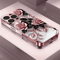 Pink Rose Pattern Metallic Tempered Glass Phone Case For iPhone 17 16 15 14 13 12 11 Pro Max 15 14 Plus 17 Air 17E Cover
