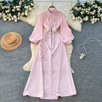 Women Solid Dresses A Line Dress 3D Floral Embroidery Ankle Lenth Long Bell Sleeves Waist Cinch Slim Casual Elegant 2026 Spring