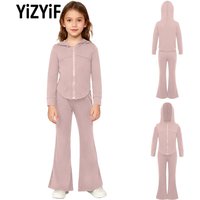 Girls 2Pcs Yoga Outfit Quick-Drying Sports Suit Fashion Long Sleeve Hooded Sweatshirt+Flared Pants for Workout Casual Daily Wear