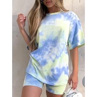 Summer Kint Women Leisure Two Piece Short Sets Round Neck Loose Tie Dye Short Sleeve T Shirt Fashion 2 Piece Sets Womens Outfits