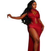 Women's O-Neck Sleeveless Pleated Hollow Out Asymmetrical Split Hips Wrapped Long Dress, Solid Color