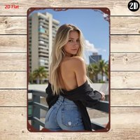 2D Metal Sign, Urban Summer Vibe Woman in Denim & Open Shirt Vintage Metal Tin Sign, Home Decor