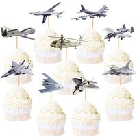 Cake Topper Fighter Plane Military DIY Helicopter Cupcake Toppers Men Boys Happy Birthday Decoration Party Dessert Decor Flags
