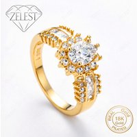 925 Sterling Silver 18K Gold Plated Exquisite Sunflower Zirconia Ring for Women, Fashion Party Gift Accessories Jewelry