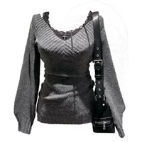 Autumn Vintage Knitted 3 Piece Skirt Set Women Casual Grey Sweater Tops + Hot Girl Lace Vest + Plaid Mini Skirt Winter Clothing