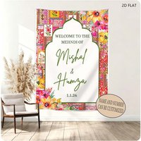 1pc Customizable Floral Moroccan Mehndi Welcome Tapestry, South Asian Wedding Party Backdrop Decor