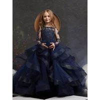 Customized Navy Blue Flower Girl Dress For Wedding Applique Puffy Layered Ruffles Kids Birthday Party First Communion Ball Gowns