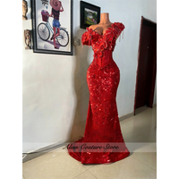 Red Aso Ebi Prom Dresses 2026 Black Girls Off Shoulder Crystals Appliques Sequins Formal Wedding Prom Party Gowns Customized