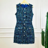 New French Small Fragrance Sleeveless Dress Women Round Neck Tassel Tweed Party Vintage Wine Chic Elegant Fashion Dress Female