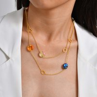 Chic Geometric Colored Beads Long Necklace, Stainless Steel Layered Sweater Chain Necklace, Stackable Fashion Jewelry for Women