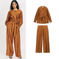 Women's Hunting Suit Jacket Long Sleeve round Neck High Waist Pants Spring Fashion Set High Draping Waist Belt Included
